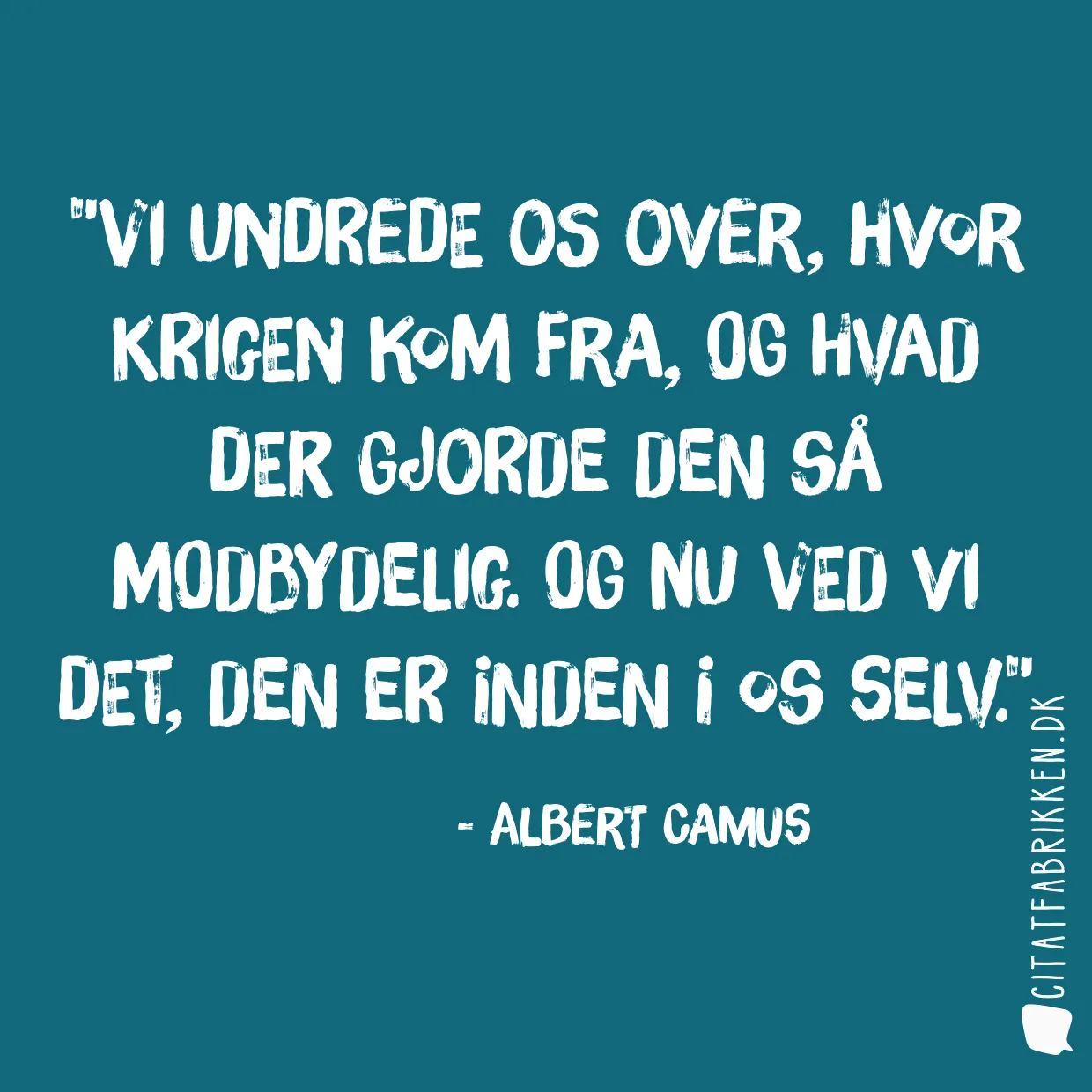 Vi undrede os over, hvor krigen kom fra, og hvad der gjorde den så modbydelig. Og nu ved vi det, den er inden i os selv.