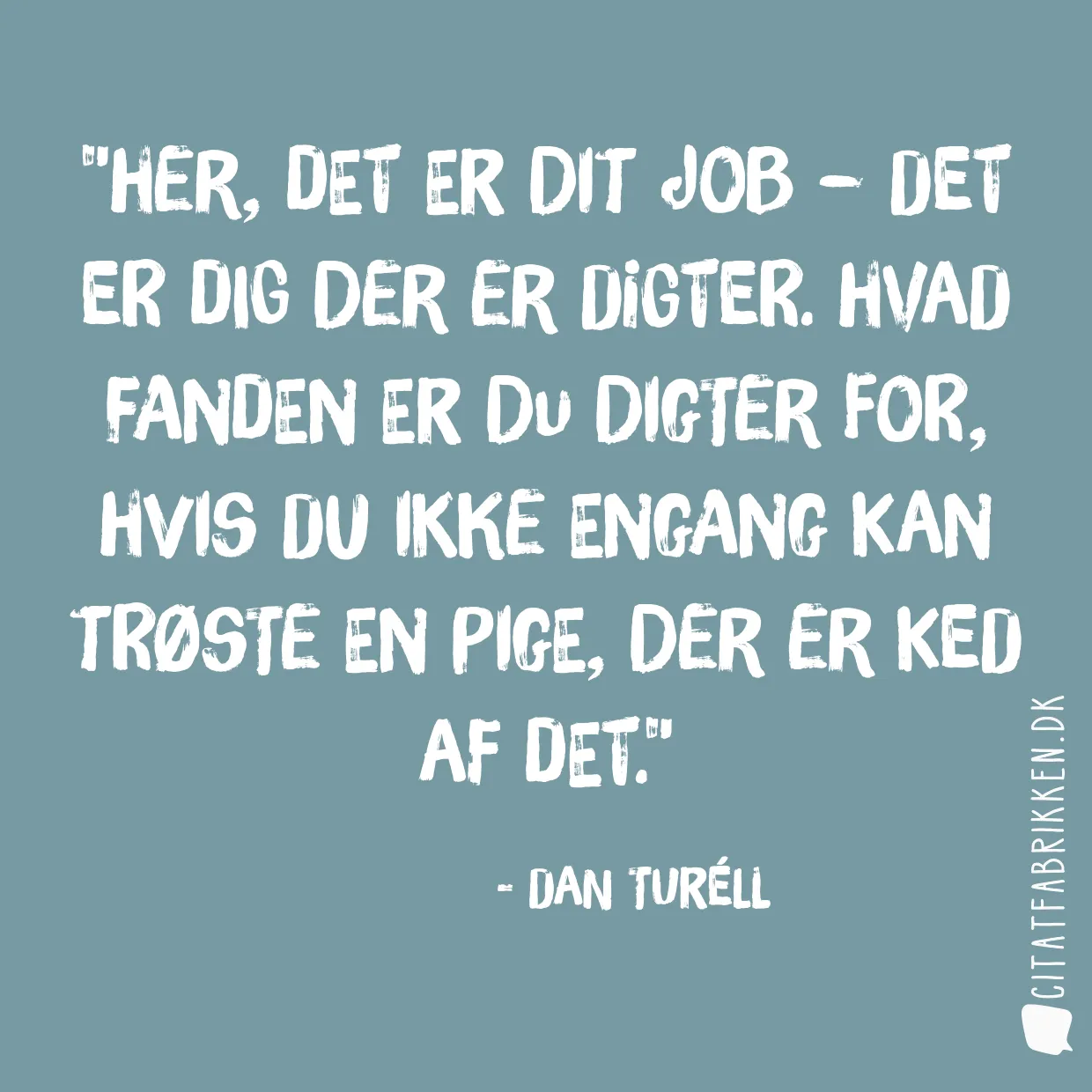 Her, det er dit job – det er dig der er digter. Hvad fanden er du digter for, hvis du ikke engang kan trøste en pige, der er ked af det.