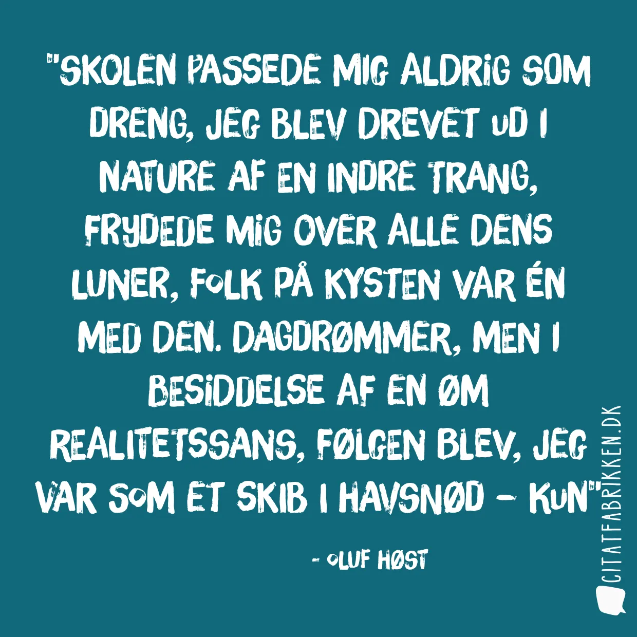 Skolen passede mig aldrig som dreng, jeg blev drevet ud i nature af en indre trang, frydede mig over alle dens luner, folk på kysten var én med den. Dagdrømmer, men i besiddelse af en øm realitetssans, følgen blev, jeg var som et skib i havsnød – kun